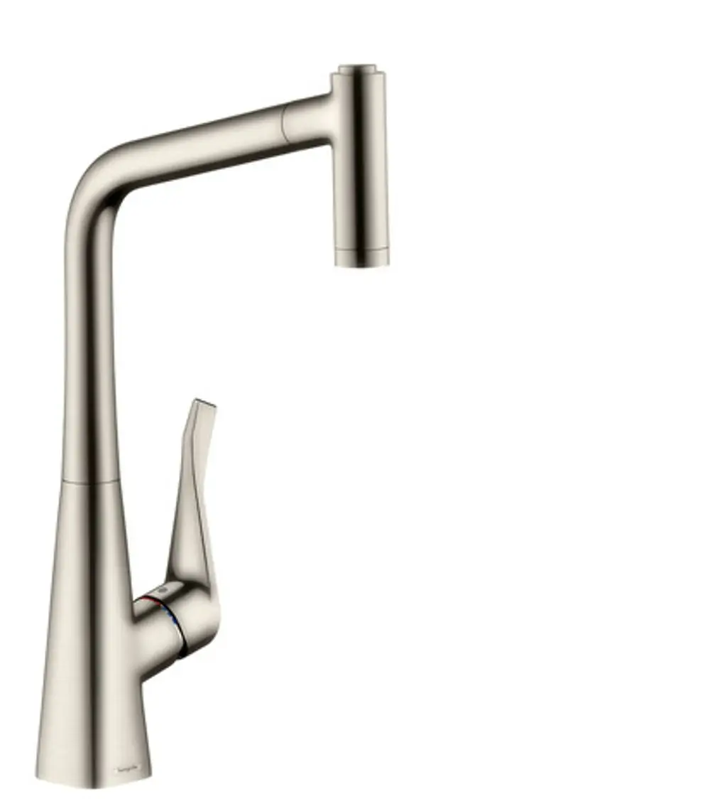 Hansgrohe Spültischmischer in Edelstahl-Optik mit ergonomischem Griff und ausziehbarer Brause. Das Produkt zeigt ein modernes Design mit klaren Linien.